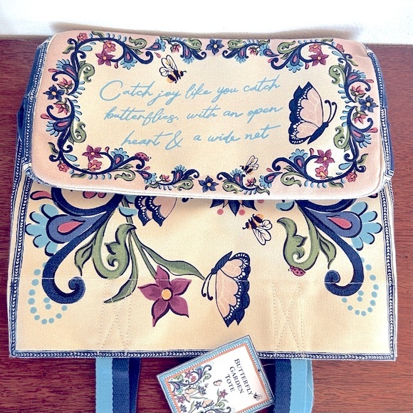 Brighton NWT Butterfly Garden Tote OS Blue Pink Canvas Shoulder Bag - Picture 7 of 8